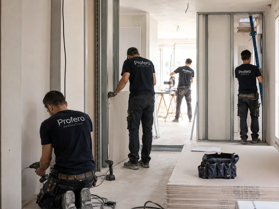 Équipe Profero Rénovation en montage de cloisons et aménagement de chantier
